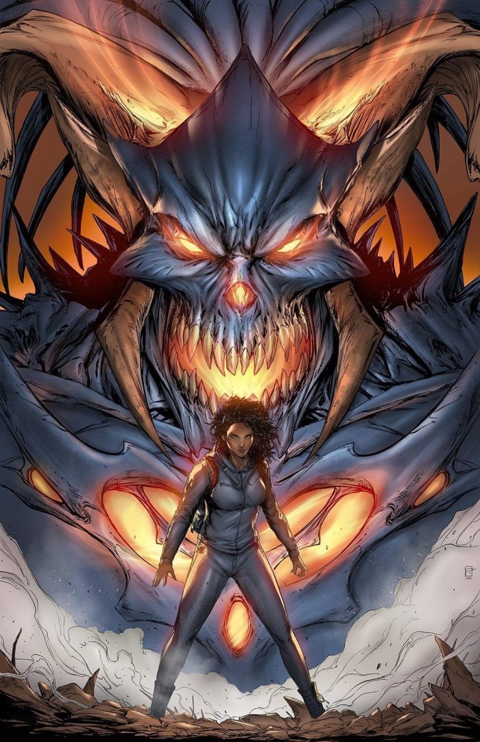 Superhero with a giant monster behind her with giant fangs